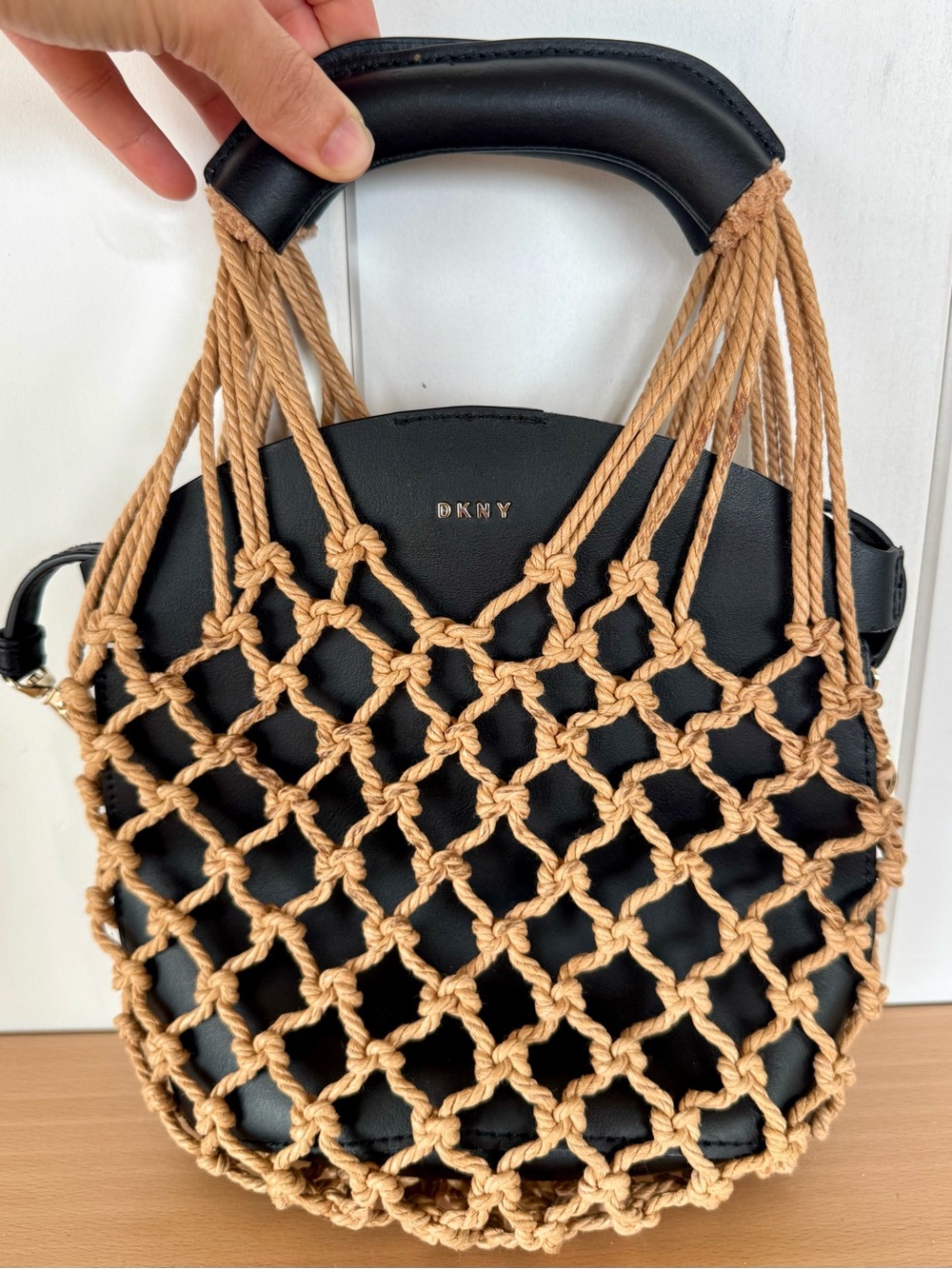 DKNY Black Leather Tote with Tan Macramé Overlay